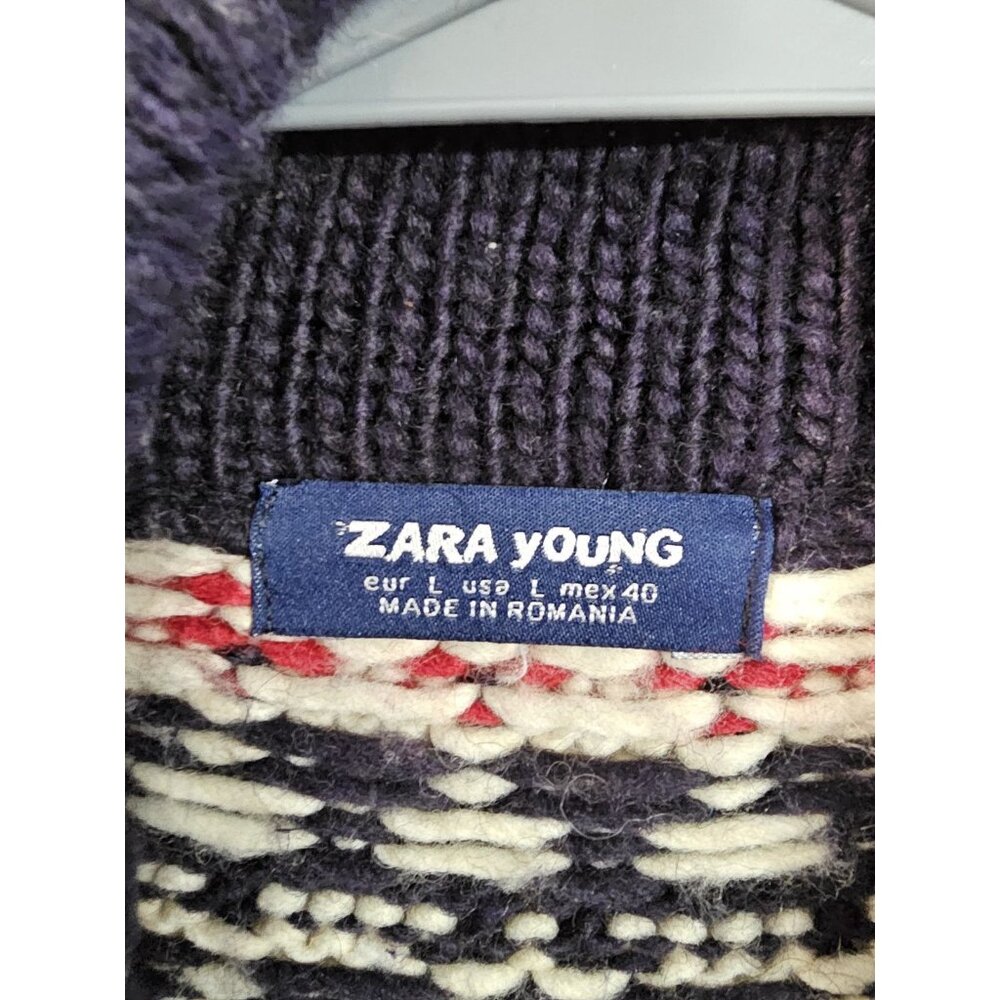 Zara Young Mens Large Shawl Collar Fair Isle Cardigan Wool Blend Knit Sweater - Picture 4 of 7